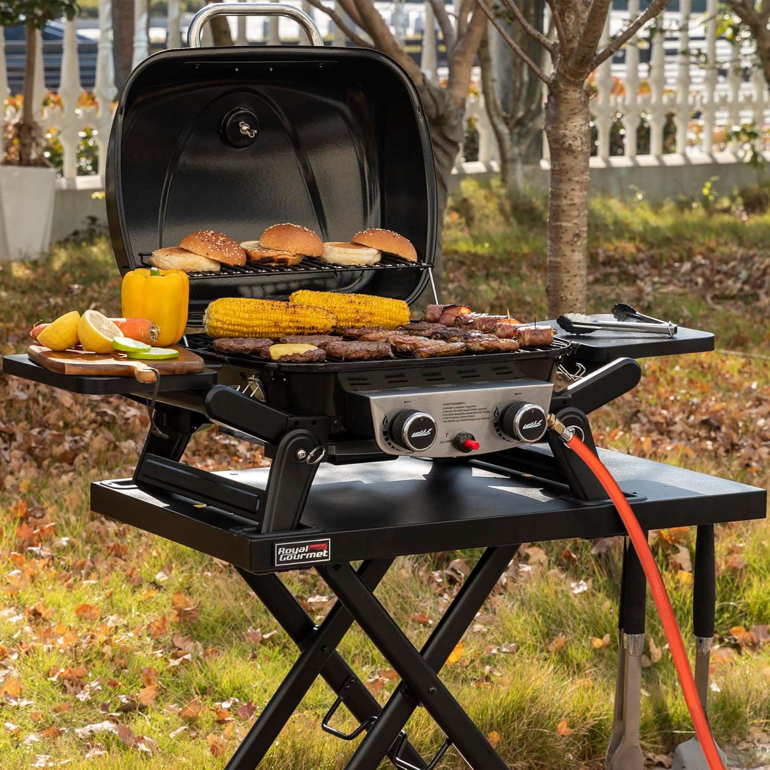 jardinito - barbecue gaz portable - 48x37 cm - 2 brûleurs, tables pliantes, chariot détachable, 5kW