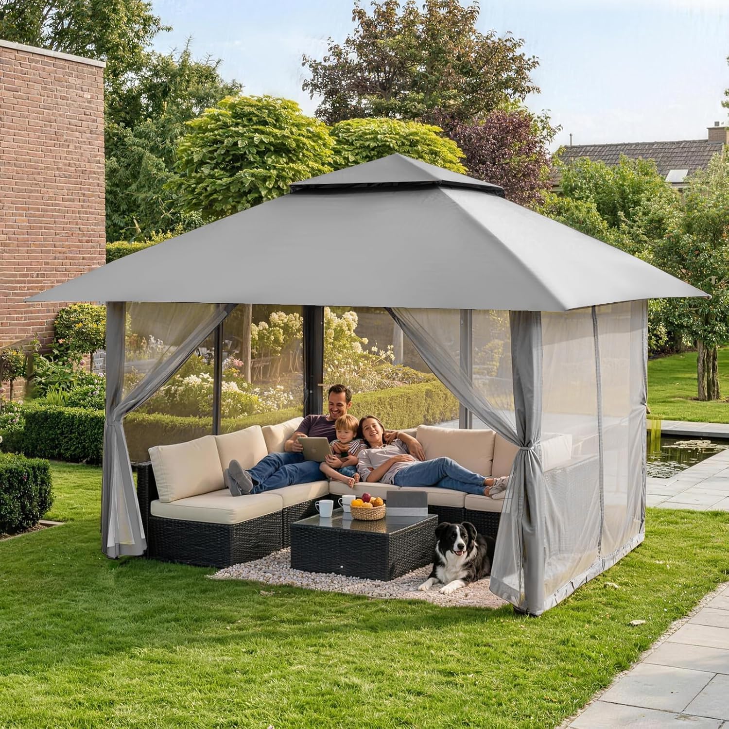 jardinito - tonnelle jardin pop up - 4x4 m - double toit, côtés maille, hauteur réglable