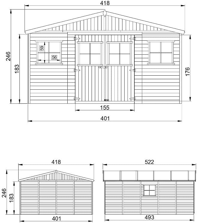 Abri de Jardin en Bois Exterieur avec Les PLANCHERS IMPRÉGNÉ- Maison de Jardin en Pin/épicéa-H246x418x522 cm/20 m²-Construction de Panneaux- Rangement pour vélos, Remise à Outils-jardinito M333 +M333G