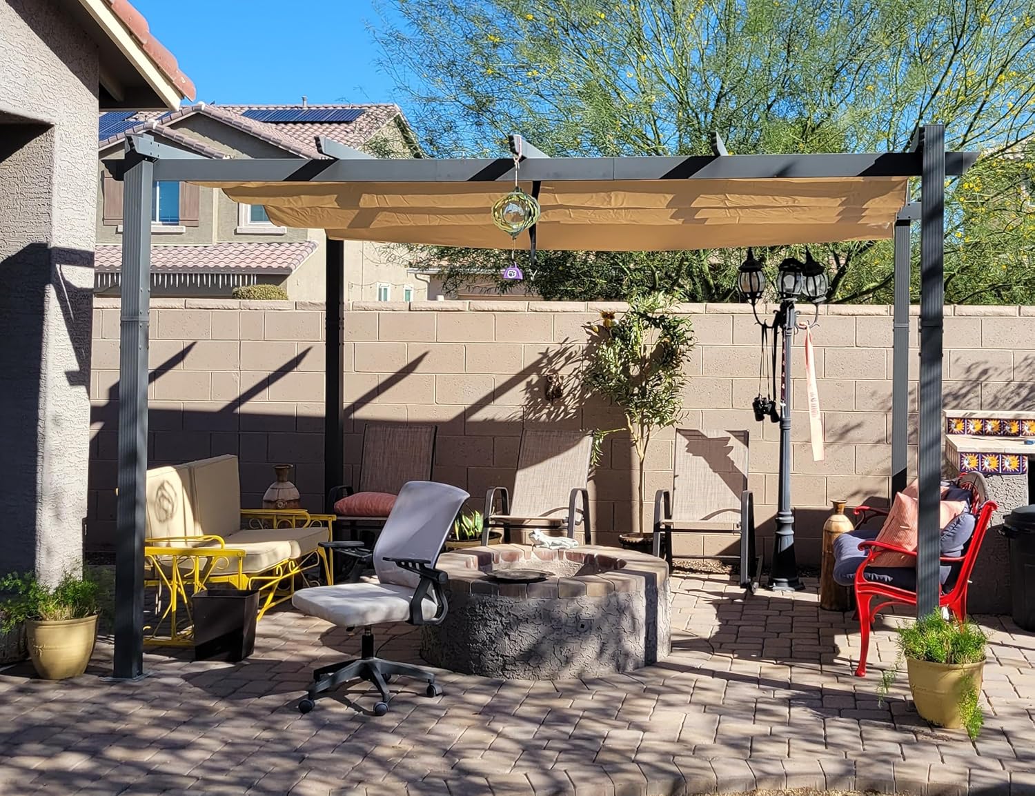 jardinito - Pergola aluminium LED, toit rétractable, 4x3m, kaki