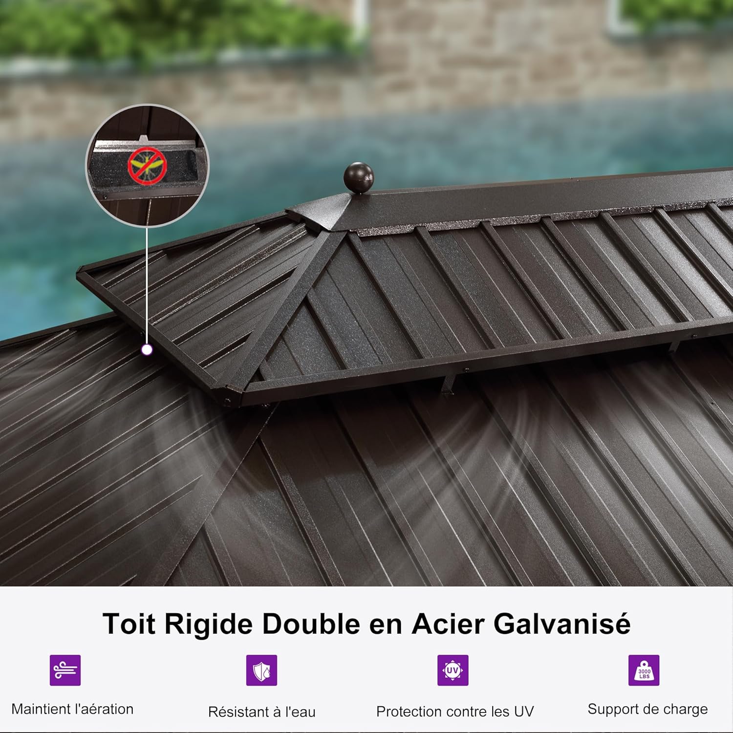 jardinito - Pergola toit double 4,85x3,65m acier moustiquaire rideaux