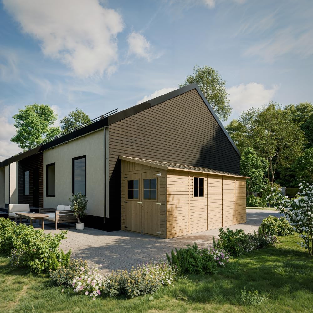 Abri de Jardin en Bois Naturel (avec paroi latérale) Plus Les PLANCHERS IMPRÉGNÉ- Stockage extérieur avec fenêtres- H244x218x514 cm/10 m2- Atelier Rangement Outils et vélos- jardinito M341A+M341G