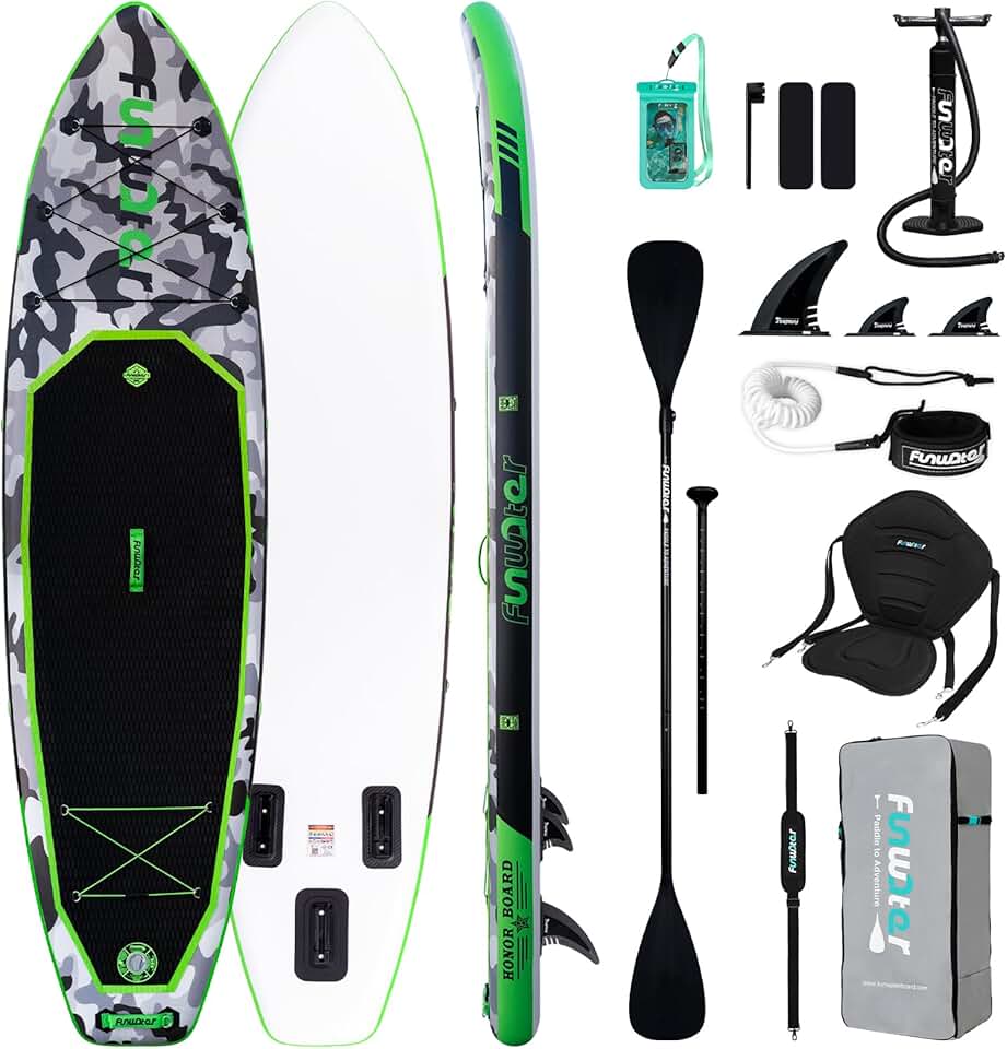 jardinito Planche de stand up paddle gonflable de 330 cm - Kit complet avec pagaie, sac à dos, étui pour téléphone portable, 3 palmes, pompe, siège et bandoulière - Planche de SUP pour débutants et