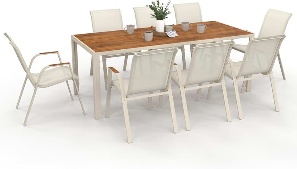 jardinito - Noumea Salon jardin 190 cm verre-bois, 8 chaises empilables