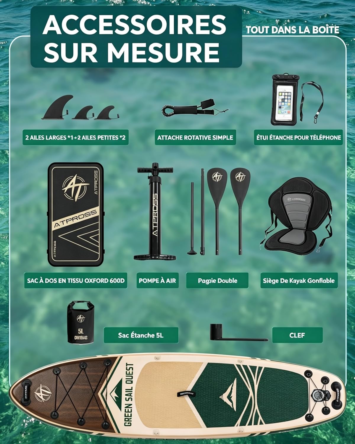 Stand Up Paddle Gonflable Adulte avec Siège Kayak & Accessoires, 320x84cm Planche de Sup Extra Large pour 2 Personnes, Charge 200kg, Kayak Gonflable 2 Places Stable et Antidérapant pour Surf