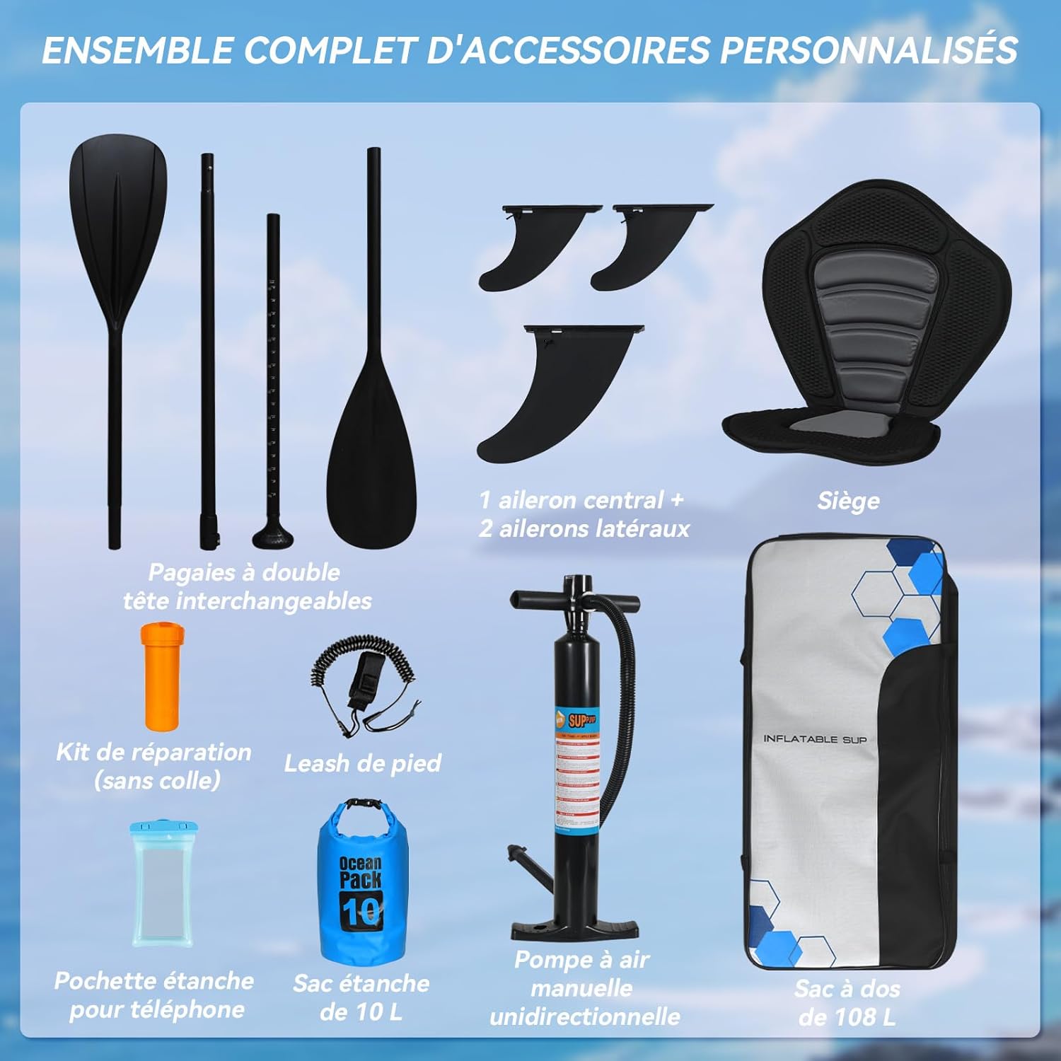 jardinito - Paddle gonflable adulte 320/335cm - 2 personnes, siège kayak, pagaie, support caméra, 150kg