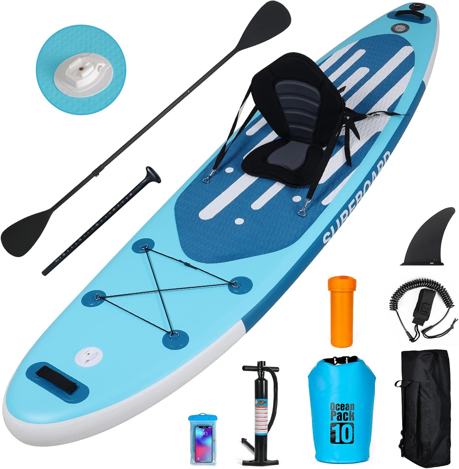 jardinito - Paddle gonflable adulte - 320/335cm - 2 places, siège kayak, pagaie alu, support caméra, jusqu'à 150kg