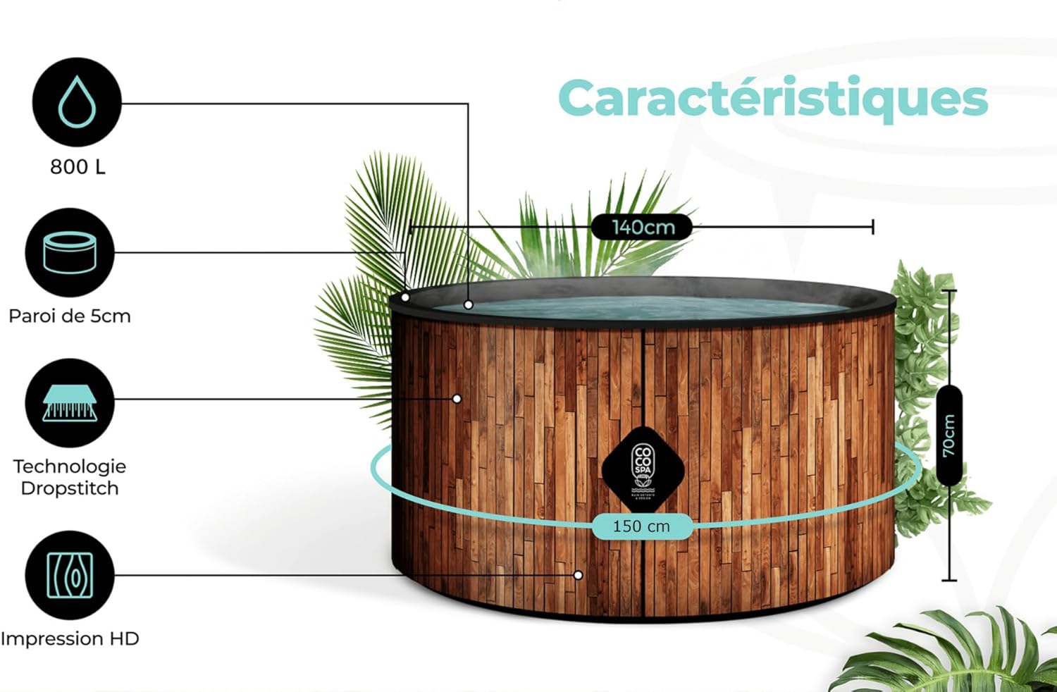 jardinito Bali Spa Gonflable - 150 cm de diamètre - 800 litres - Moteur 2240 W - 2 à 4 Personnes - Massage 140 Jets