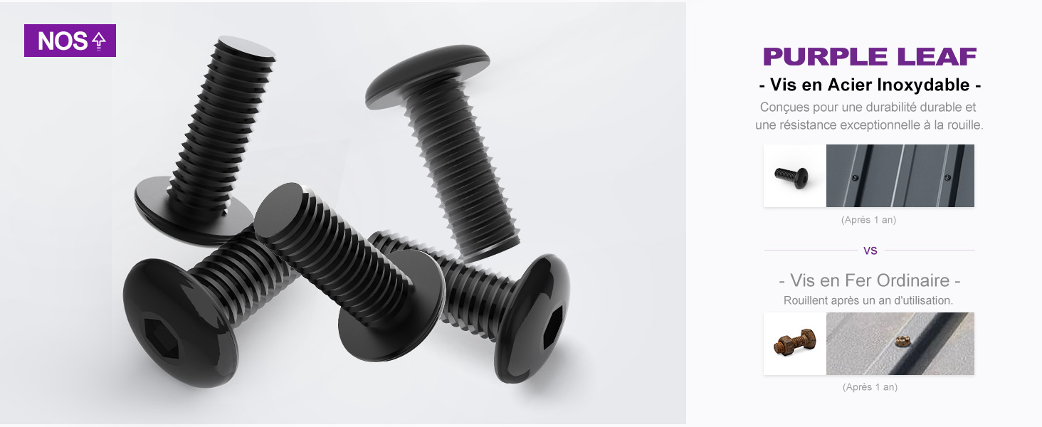 Vis métalliques noires à tête plate et circulaire. L'image montre plusieurs vis de différentes tailles, mettant en évidence leurs tiges filetées et leurs surfaces supérieures lisses