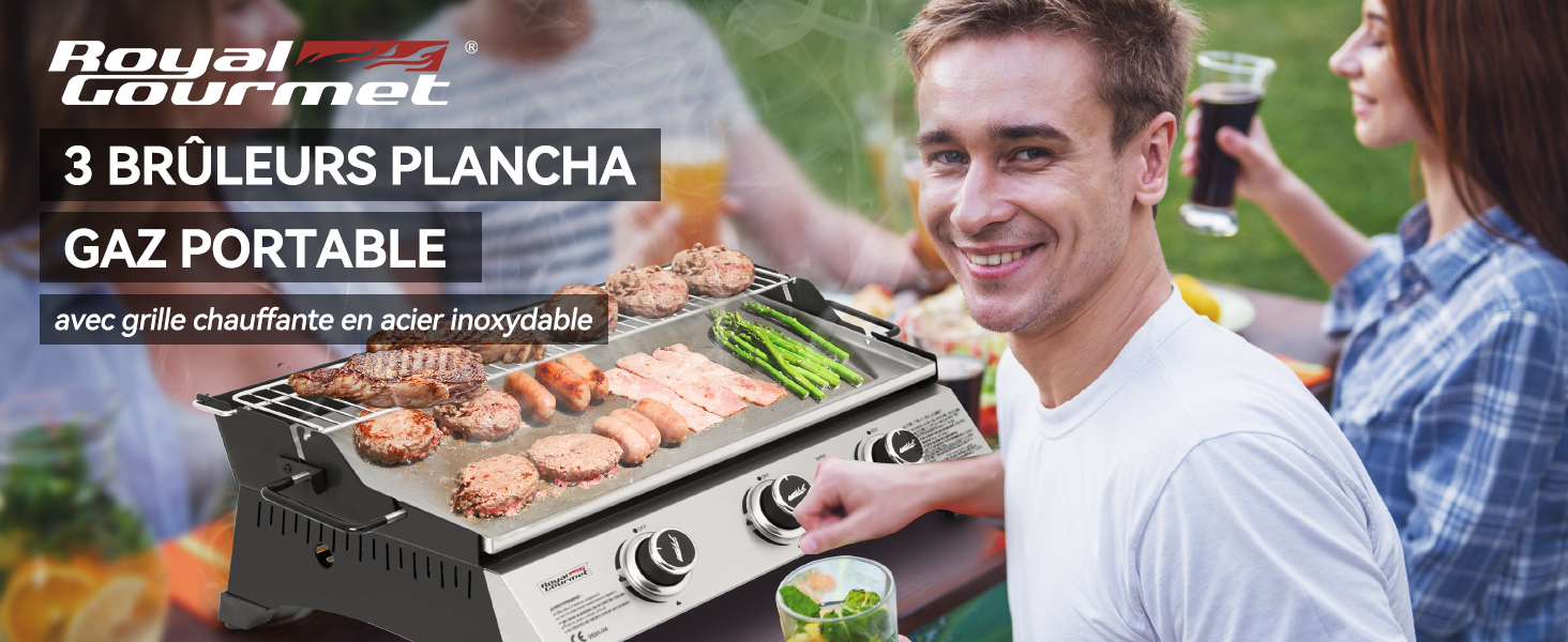 avec trois brûleurs montrant la cuisson de la viande sur une grille en acier inoxydable. Appareil de cuisson extérieur de marque jardinito.