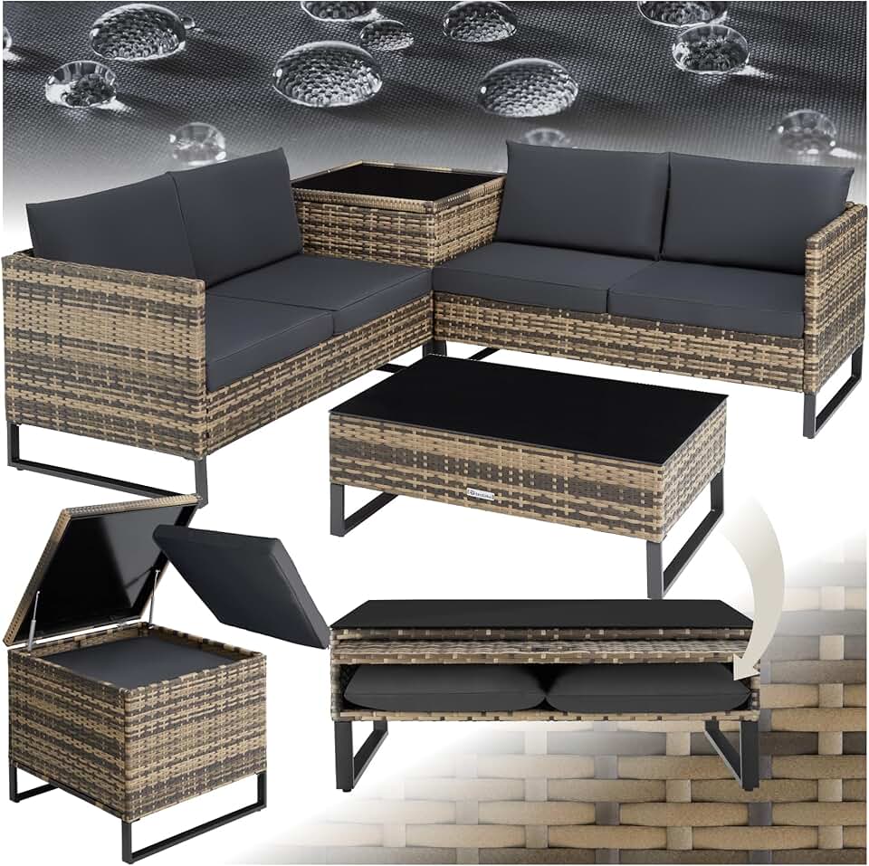 jardinito - Ensemble modulable 4 places rotin, table basse, coffre, coussins