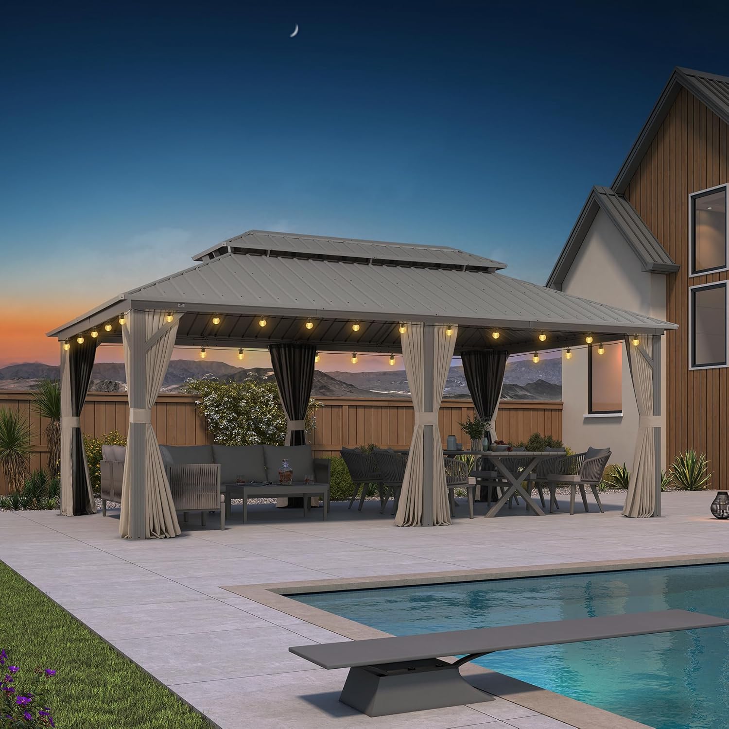 jardinito Tonnelle de Jardin Extérieur 6 x 3,65 m avec Guirlande Lumineuse, Pergola Aluminium à Toit Rigide en Acier Galvanisé, Pavillon Imperméable pour Camping, Fête, Barbecue, Champagne