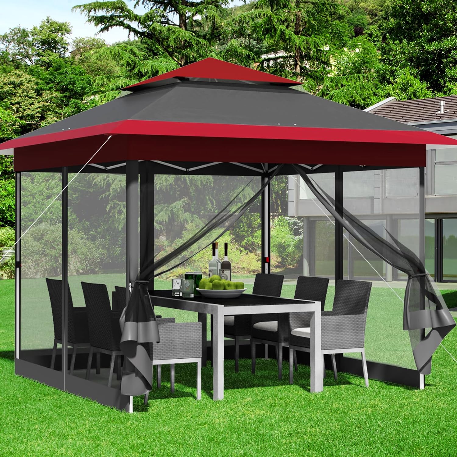 Tonnelle pliante - 3,3x3,3m - imperméable, moustiquaire, double toit, sacs sable