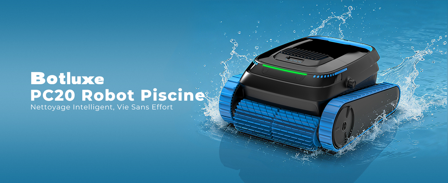 Le texte indique « Botluxx PC20 Robot Piscine ». Nettoyeur de piscine robotique en noir et bleu, représenté dans l'eau avec effet d'éclaboussure, appareil de nettoyage automatique pour piscines.