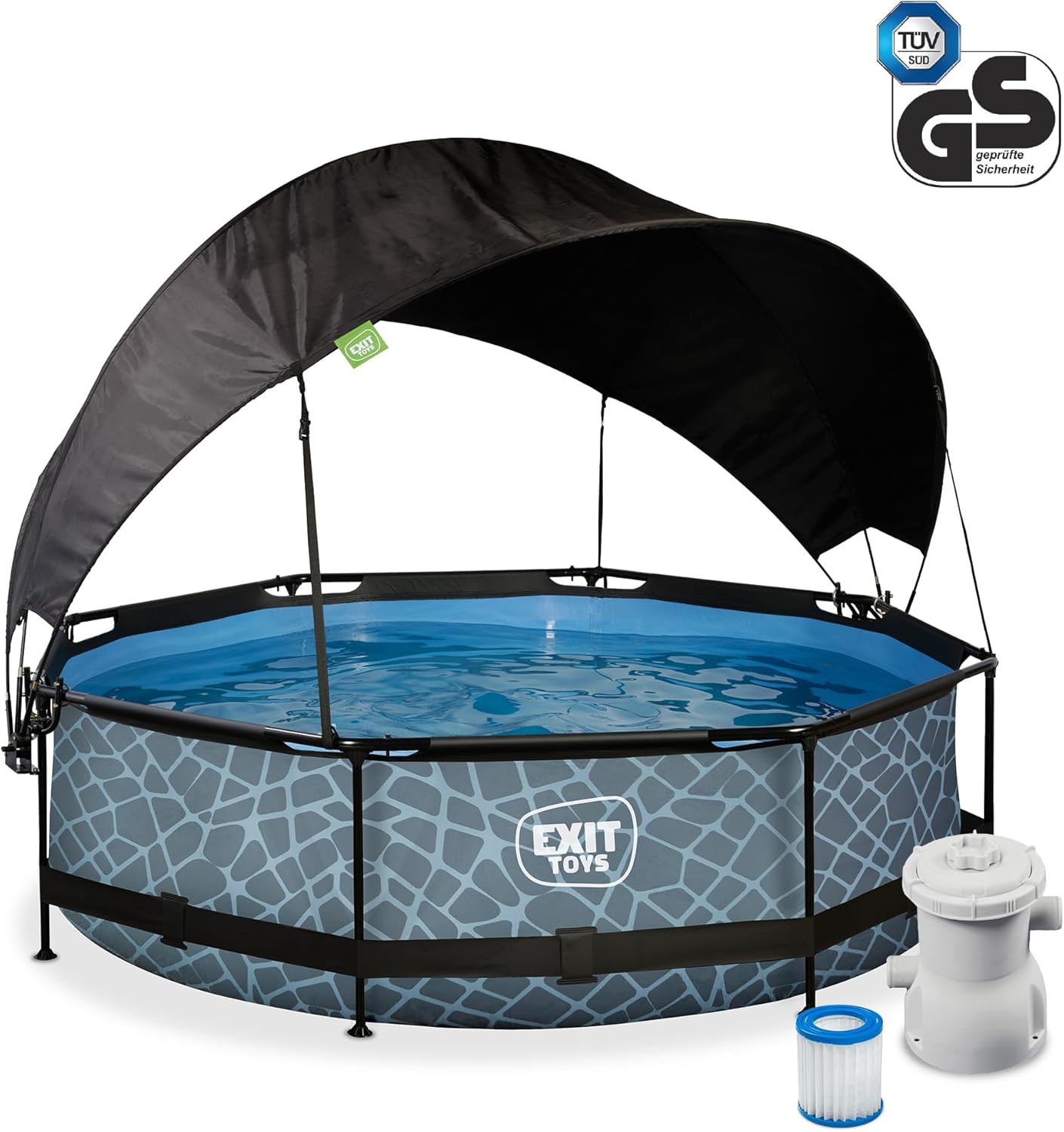 jardinito Piscine Stone avec Voile d'Ombrage - ø300x76cm - Piscine Hors Sol Ronde avec Pompe Filtrante à Cartouche - Protection Optimale Contre Les Rayons UV - Entrée Basse - Design Unique - Gris