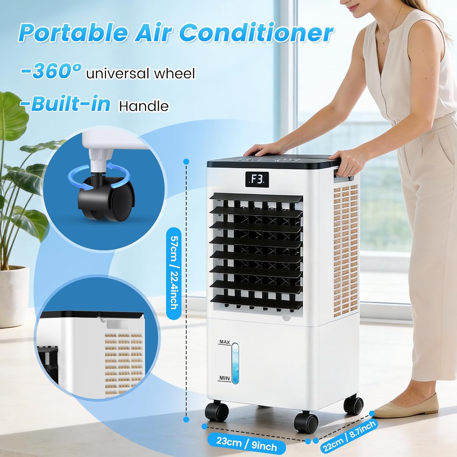 Climatiseur mobile - silencieux, 12h minuterie, 3 vitesses, télécommande, blanc
