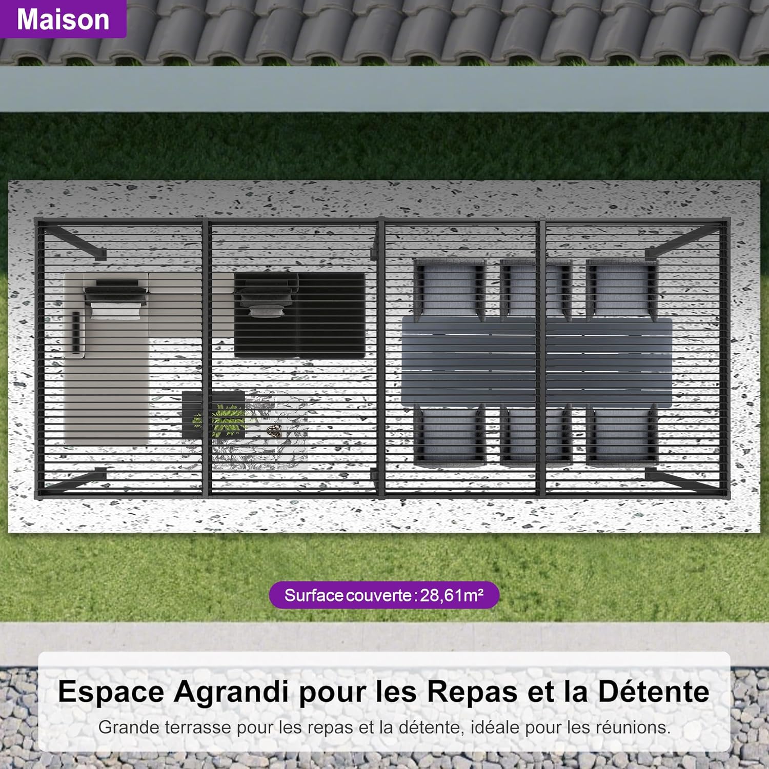 jardinito - Pergola bioclimatique série - 3,5x8,5m - aluminium, lames orientables, jardin, terrasse, gris