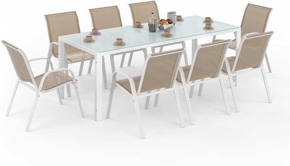 jardinito - Madrid salon jardin, table 190 cm, 8 chaises empilables, blanc/beige