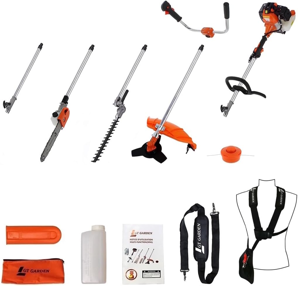 jardinito - multifonction 4 en 1 thermique - 3 outils + rallonge - tronçonneuse, débroussailleuse, taille-haies