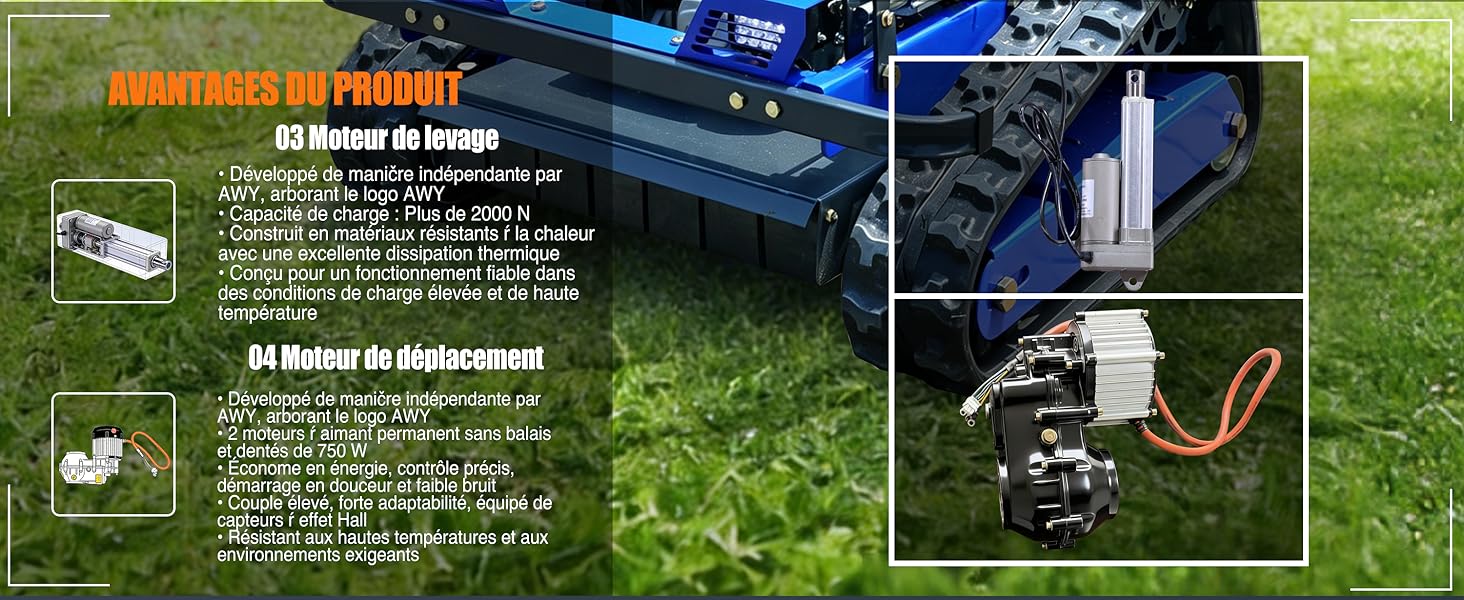 Le texte se lit comme suit : « RESUMEN DE POTENCIA VISUALIZACIÓN DE LA EFICIENCIA » et « El futuro de actuadores ». Fond vert et bleu avec des informations sur l'efficacité énergétique et des images de composants mécaniques montrant le moteur et les pièces électroniques.