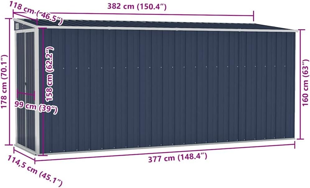 jardinito Abri de Jardin Mural Anthracite 118x382x178 cm Acier,Maison & Jardin, Pelouses & Jardins, Vie en extérieur, Structures extérieures, Cabanes & abris de Jardin, Anthracite (Poids 47.9KG)