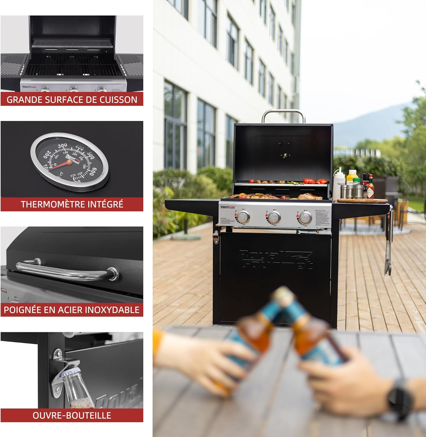 jardinito – BBQ Gaz 3 brûleurs – 9kW – chariot, capot, grilles, jardin