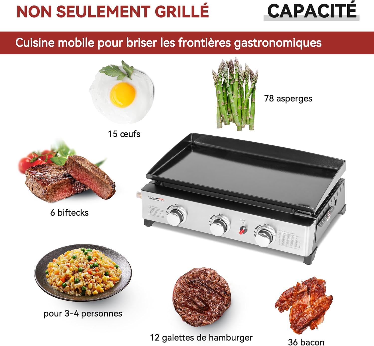 jardinito - Plancha Gaz 3 brûleurs - 62x35,5 cm - acier émaillé, portable, 7.5kW