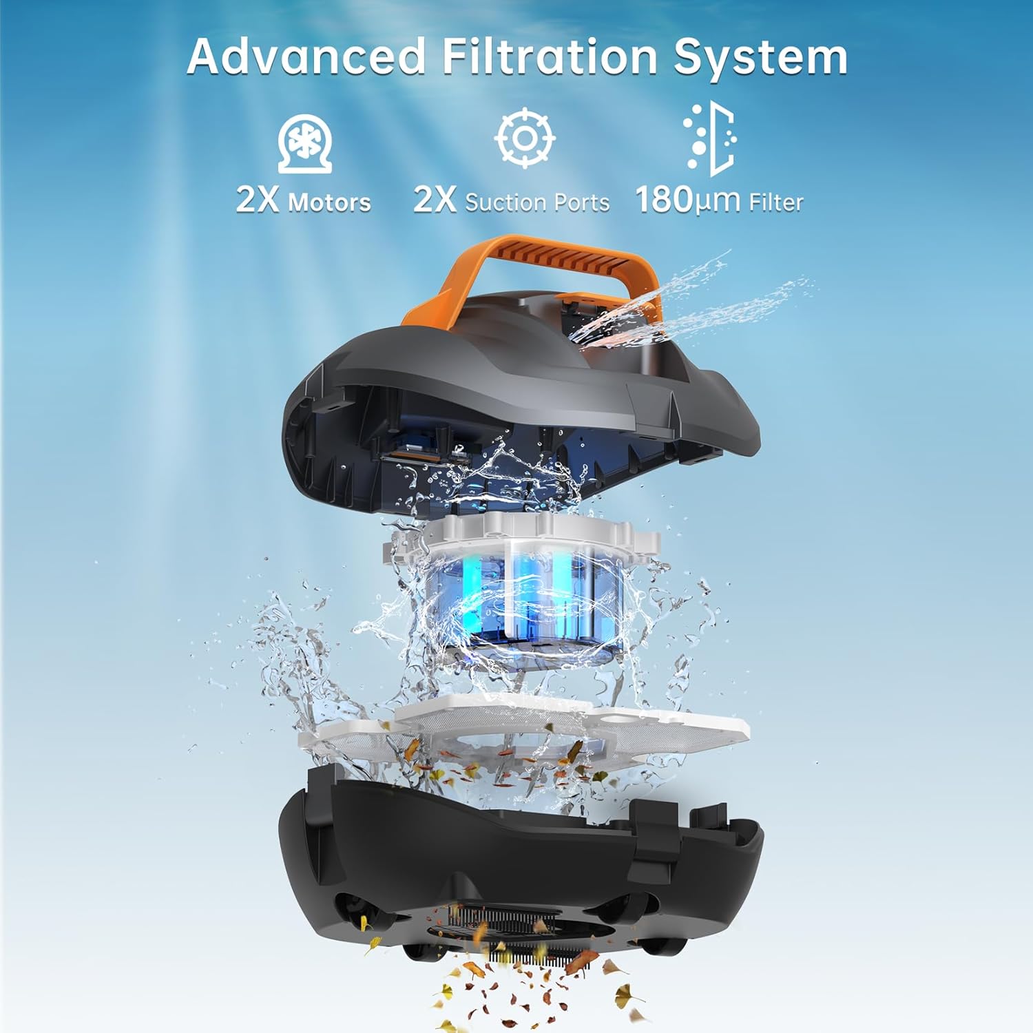 Robot piscine batterie - 120min autonomie, 80m², charge 2.5h, parking auto