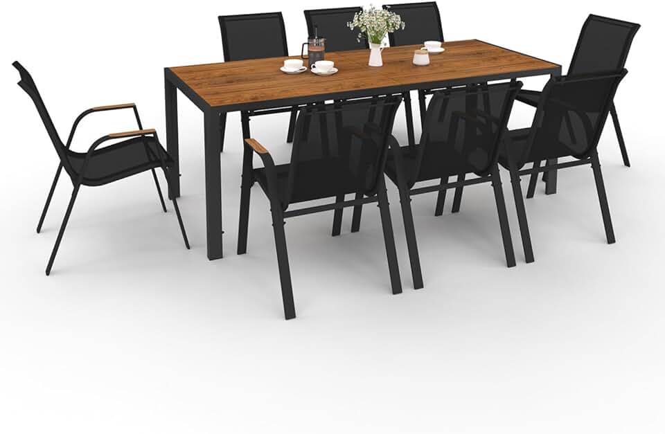 jardinito - Noumea - Table 190 cm et 8 chaises empilables, plateau verre effet bois