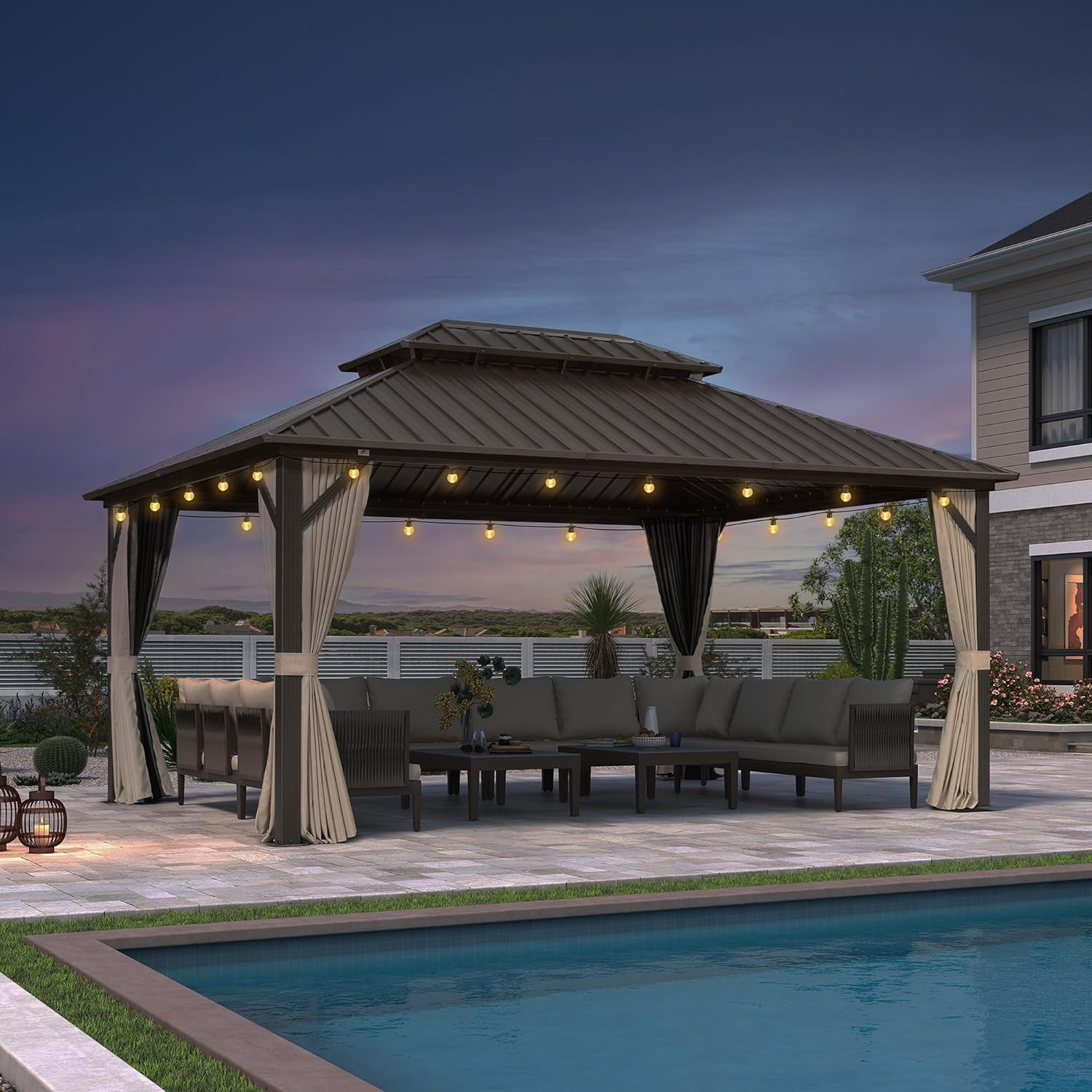 jardinito - Pergola Toit Rigide - 4,85x3,65m - Aluminium, Rideaux, Guirlande