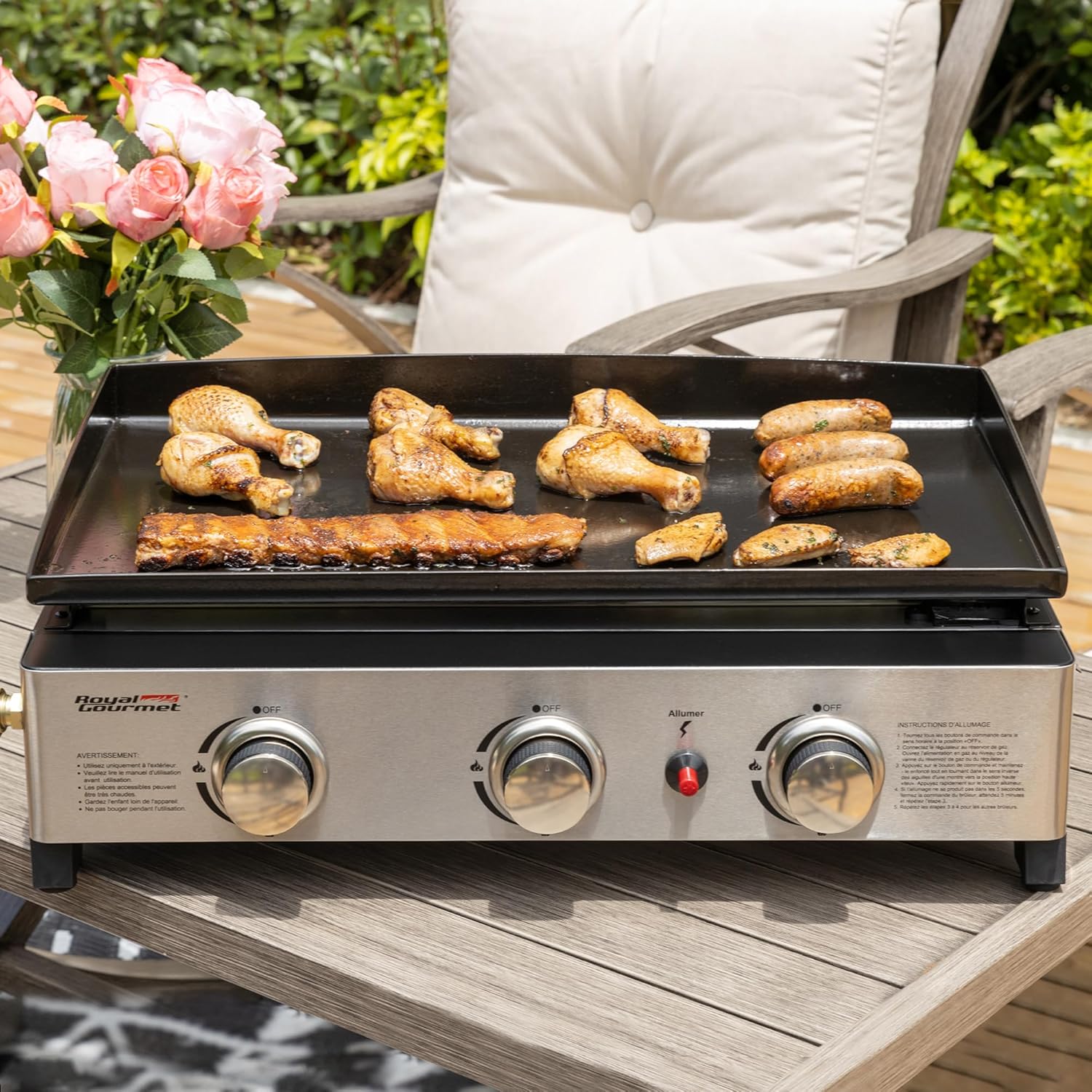 jardinito - Plancha Gaz 3 brûleurs - 62x35,5 cm - acier émaillé, portable, 7.5kW
