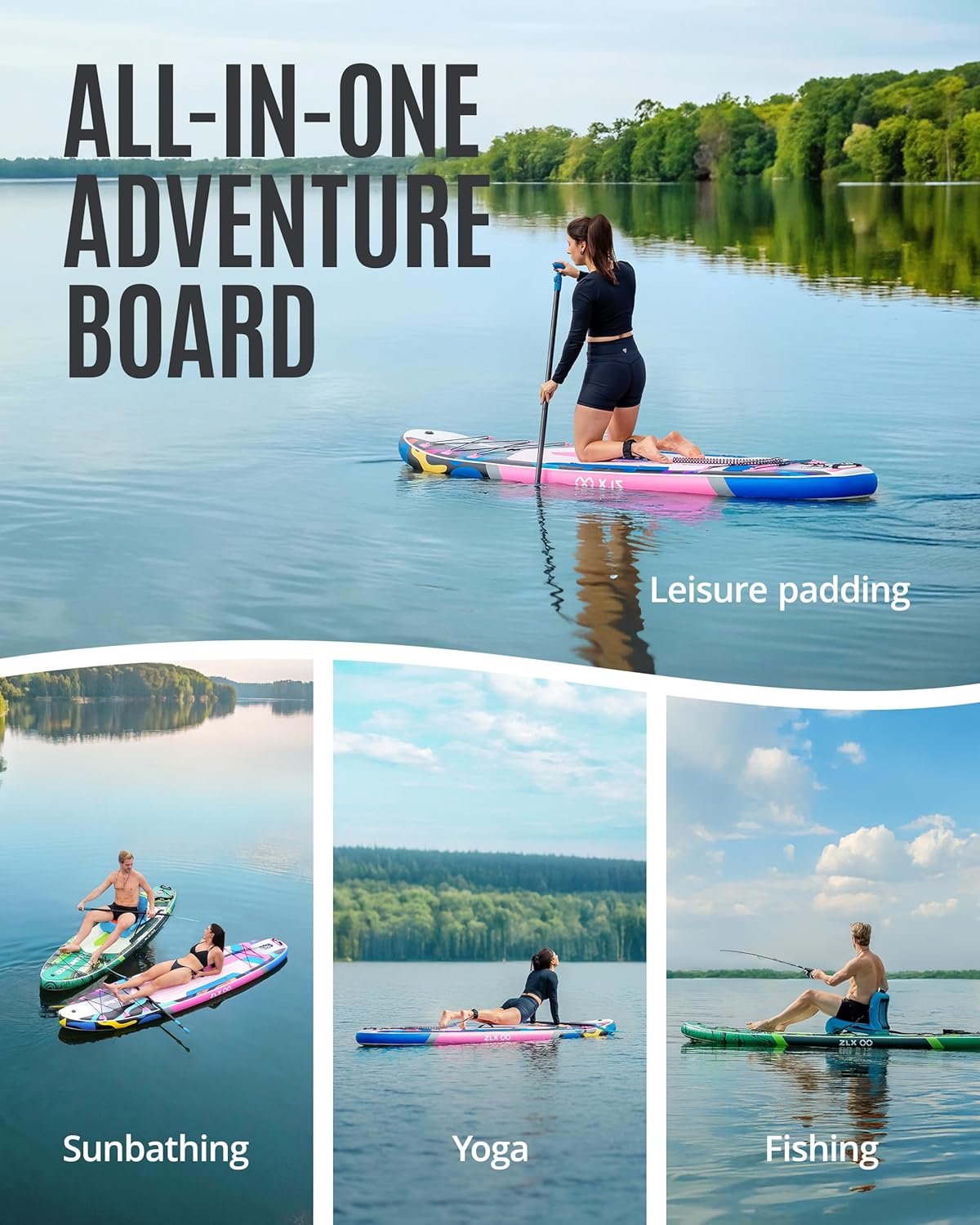 ZLX Paddle Gonflable Adulte 2 Places 320 x 84cm, Stand Up Paddle avec Siège Kayak, Planche Sup Complète avec Accessoires, pour Débutants et Tous Niveaux