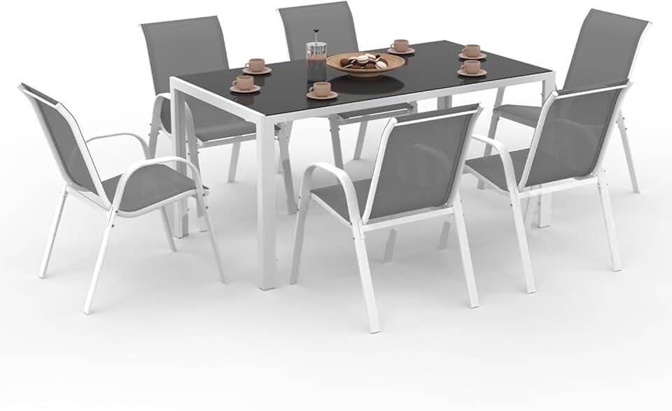 jardinito - Madrid salon de jardin 150 cm, 6 chaises empilables, blanc/gris