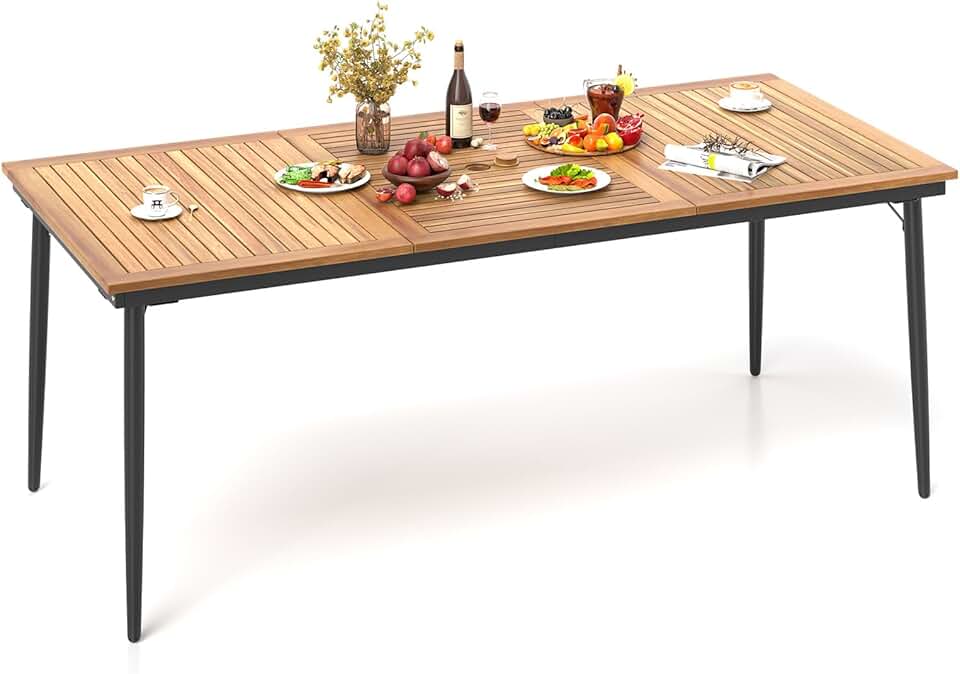 jardinito - Table de jardin 8 personnes - 190x90cm - bois acacia, trou parasol 5cm, pieds métal, charge 75kg