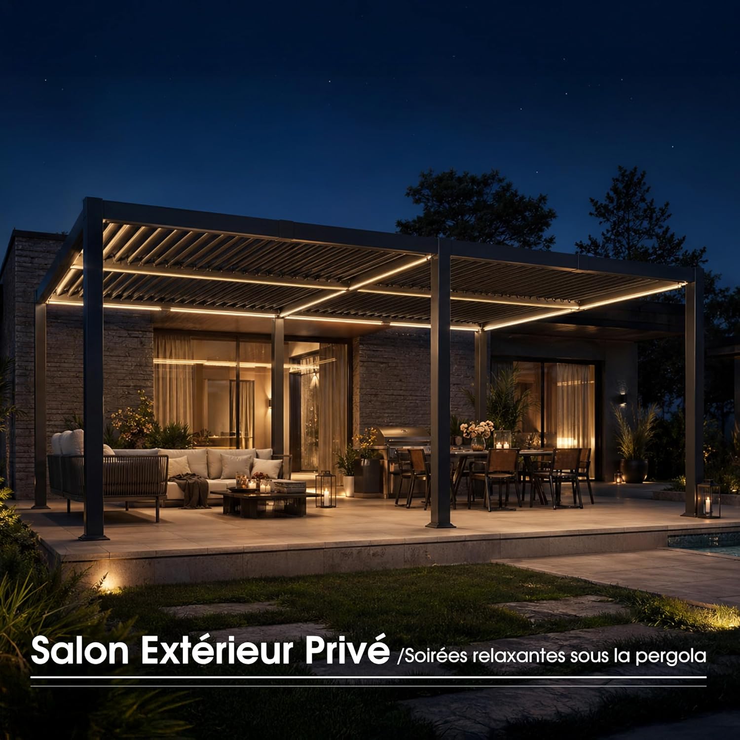 jardinito - Pergola bioclimatique - 4x6m - alu lames LED gris