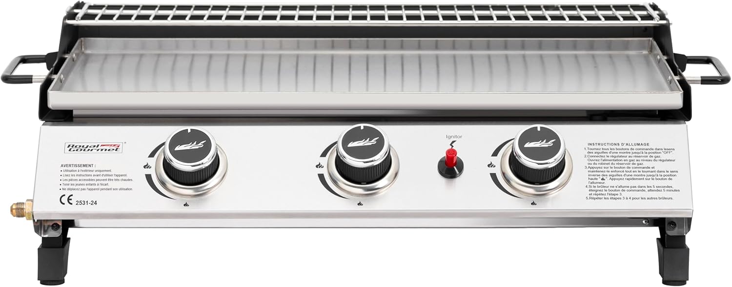 jardinito - Plancha gaz inox 3 brûleurs 61,5x32cm, 7,5kW, usage extérieur