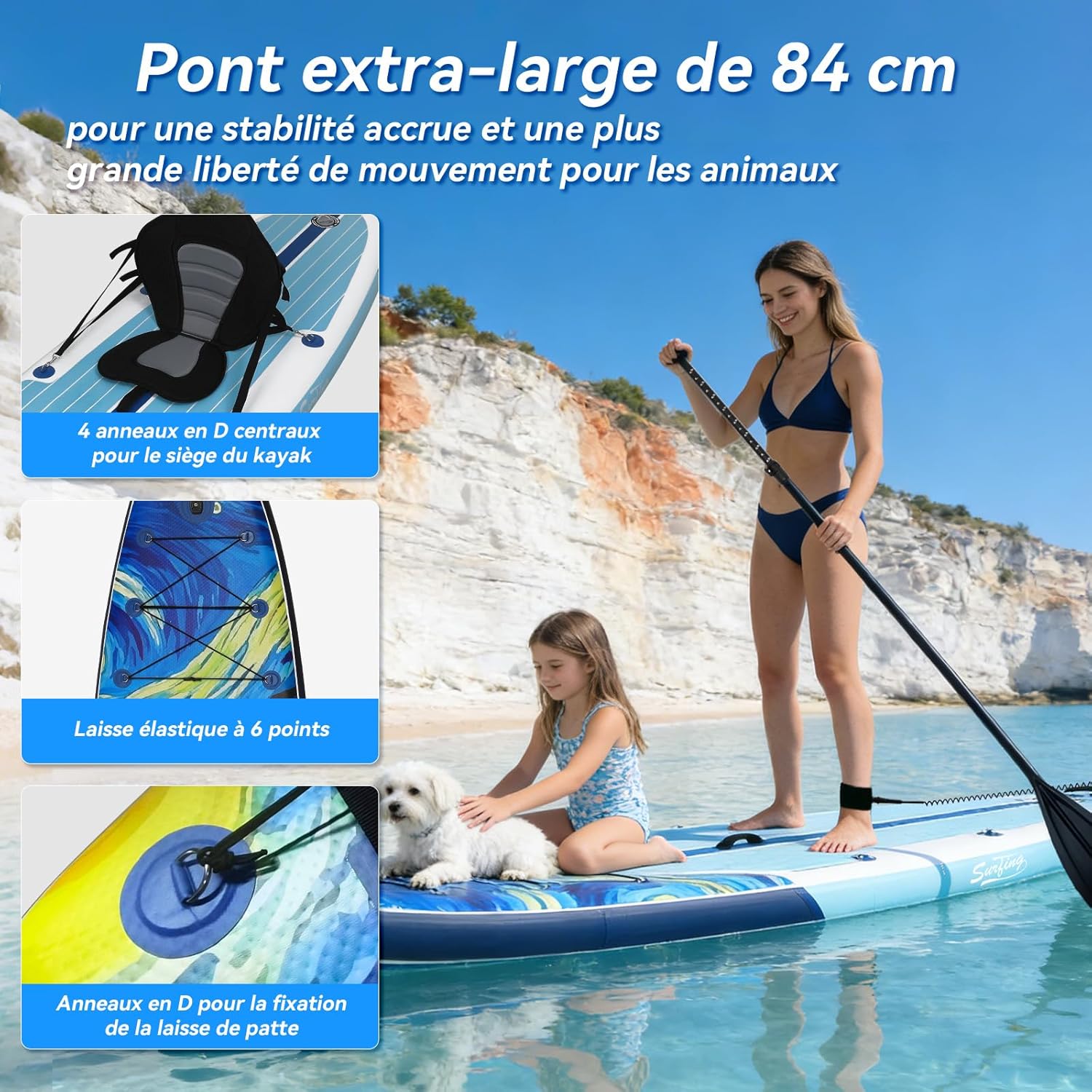 jardinito - Paddle gonflable adulte 320/335cm - 2 personnes, siège kayak, pagaie, support caméra, 150kg