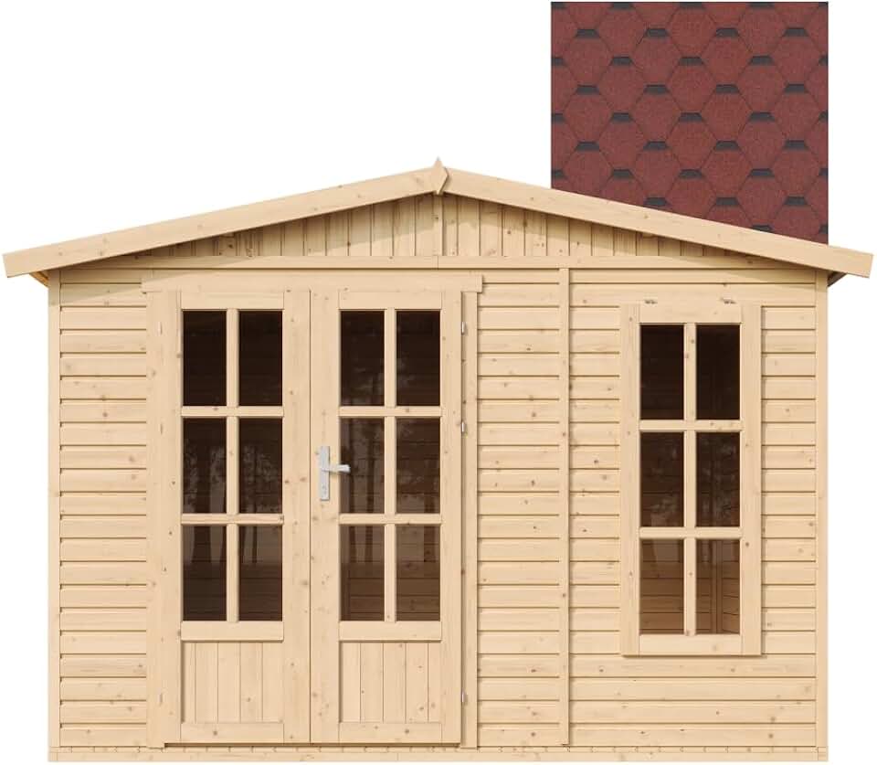 jardinito M334FB+H334FBRED Abri de Jardin en Bois 6 m² avec Sol, L332xP222xH232 cm – Chalet de Loisirs, Maison d'Été avec Bardeaux Bitumineux Rouges The Forest Stewardship Council