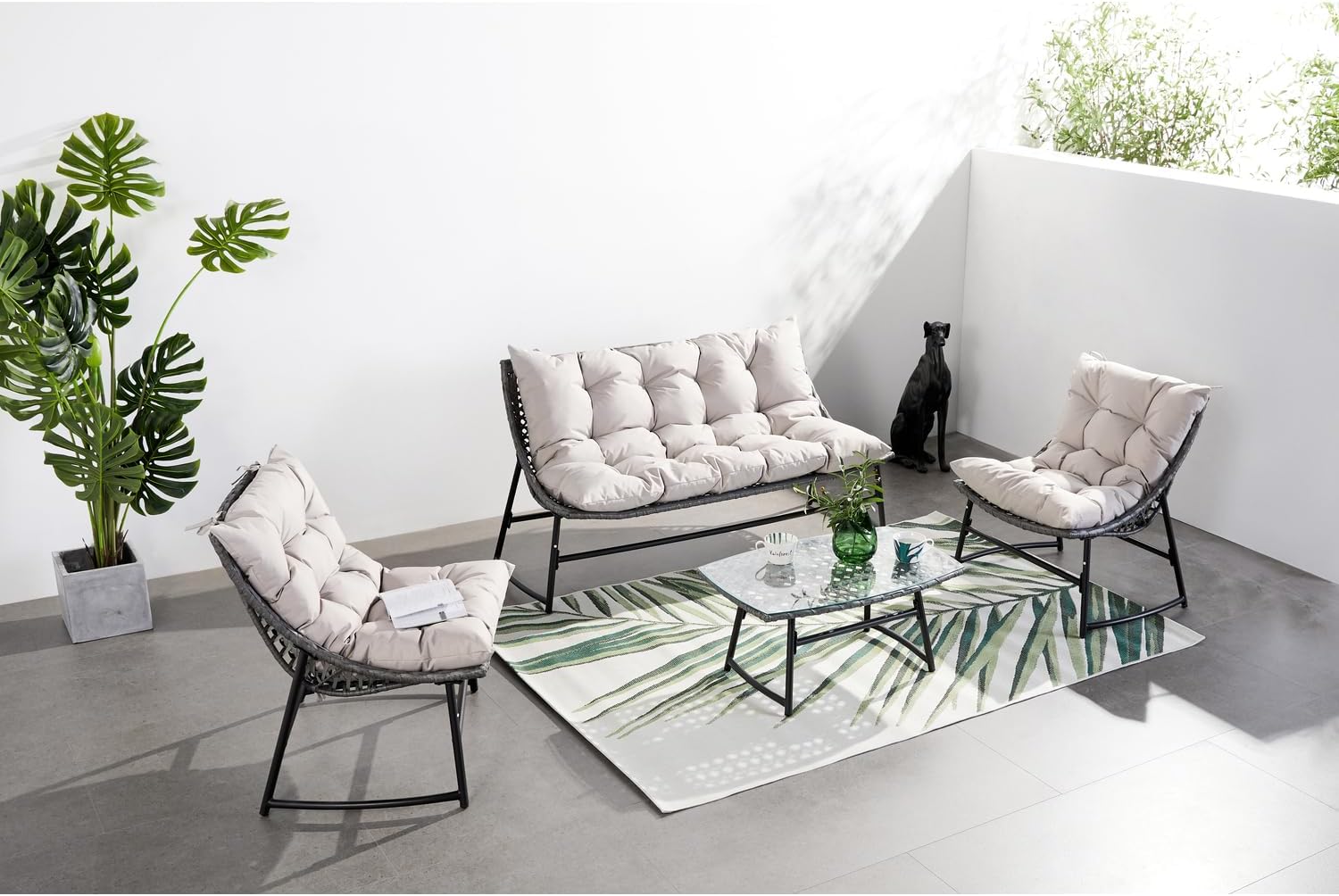 jardinito - Guahana - salon bas 4 places, acier, rotin, coussins épais