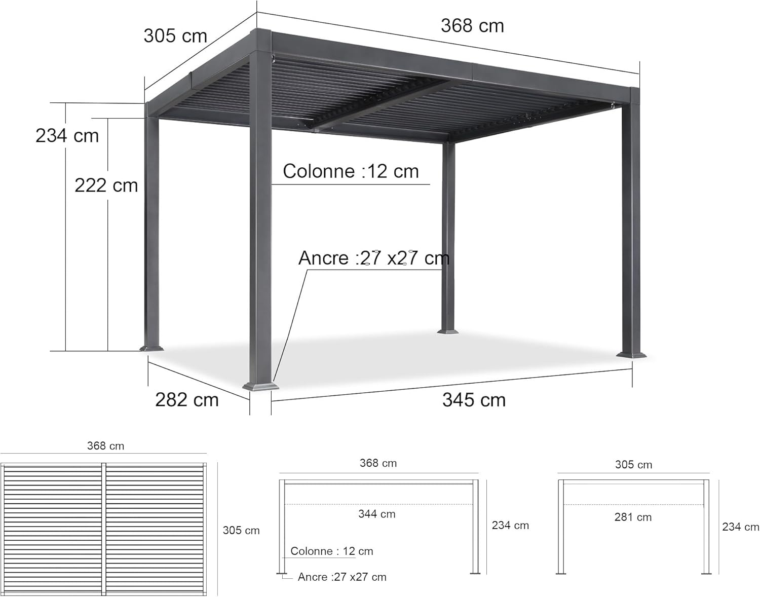jardinito - pergola bioclimatique - 3x3,65m - aluminium, lames orientables, gris
