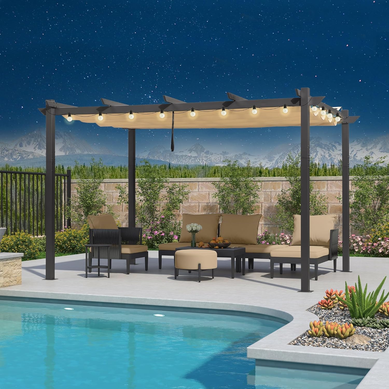 jardinito - Pergola aluminium 4x3m, toit rétractable, éclairage intégré