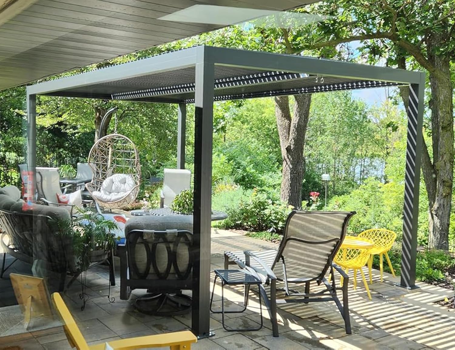 jardinito - Pergola bioclimatique - 4,8x3 m - stores enrouleurs, lames orientables, gris