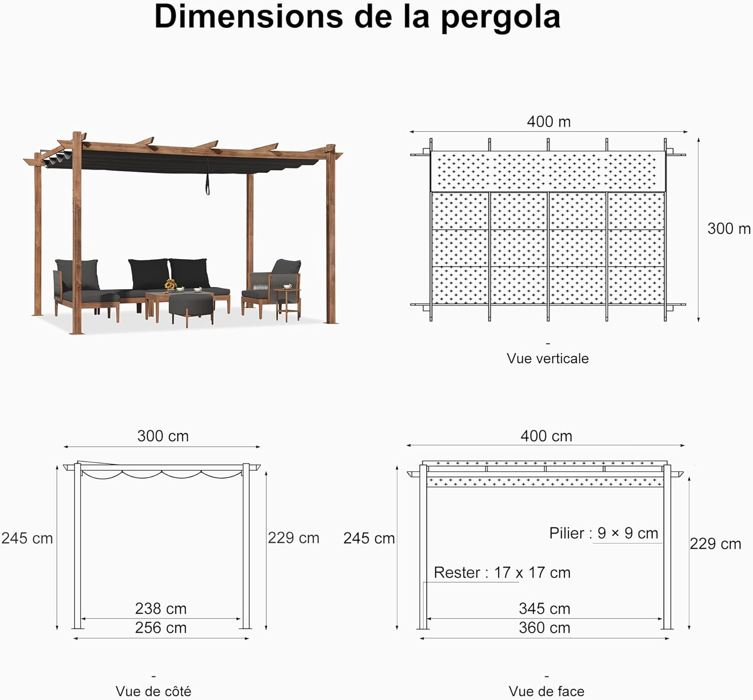 jardinito - Pergola aluminium - 4x3m - éclairage intégré, toit rétractable