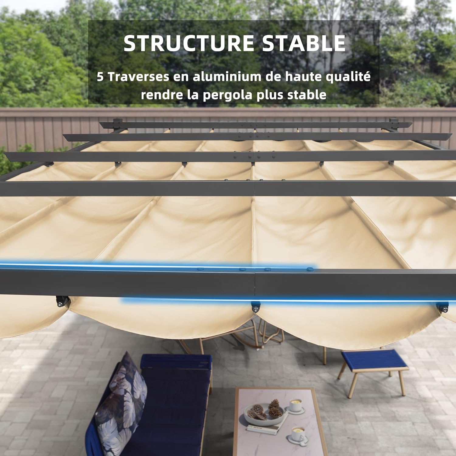 jardinito - Pergola aluminium LED, toit rétractable, 4x3m, kaki