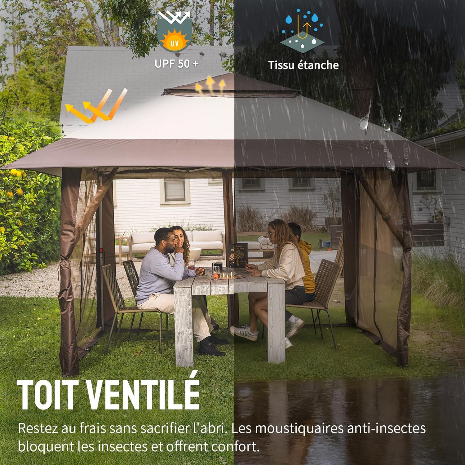 jardinito Tonnelle de Jardin 4 x 4 m, Pop Up Gezebo Exterieur Imperméable, Abri de Jardin Réglable en Hauteur, Double Toit avec Côtés en Maille Zippée, Sac de Transport, Beige