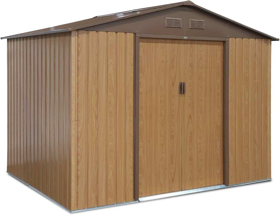 jardinito - Abri de Jardin en métal - FERRAIN 5.29m² Couleur chêne - Cabane à Outils avec Deux Grandes Portes coulissantes. kit de Fixation Sol Inclus. Maison de Rangement. Remise