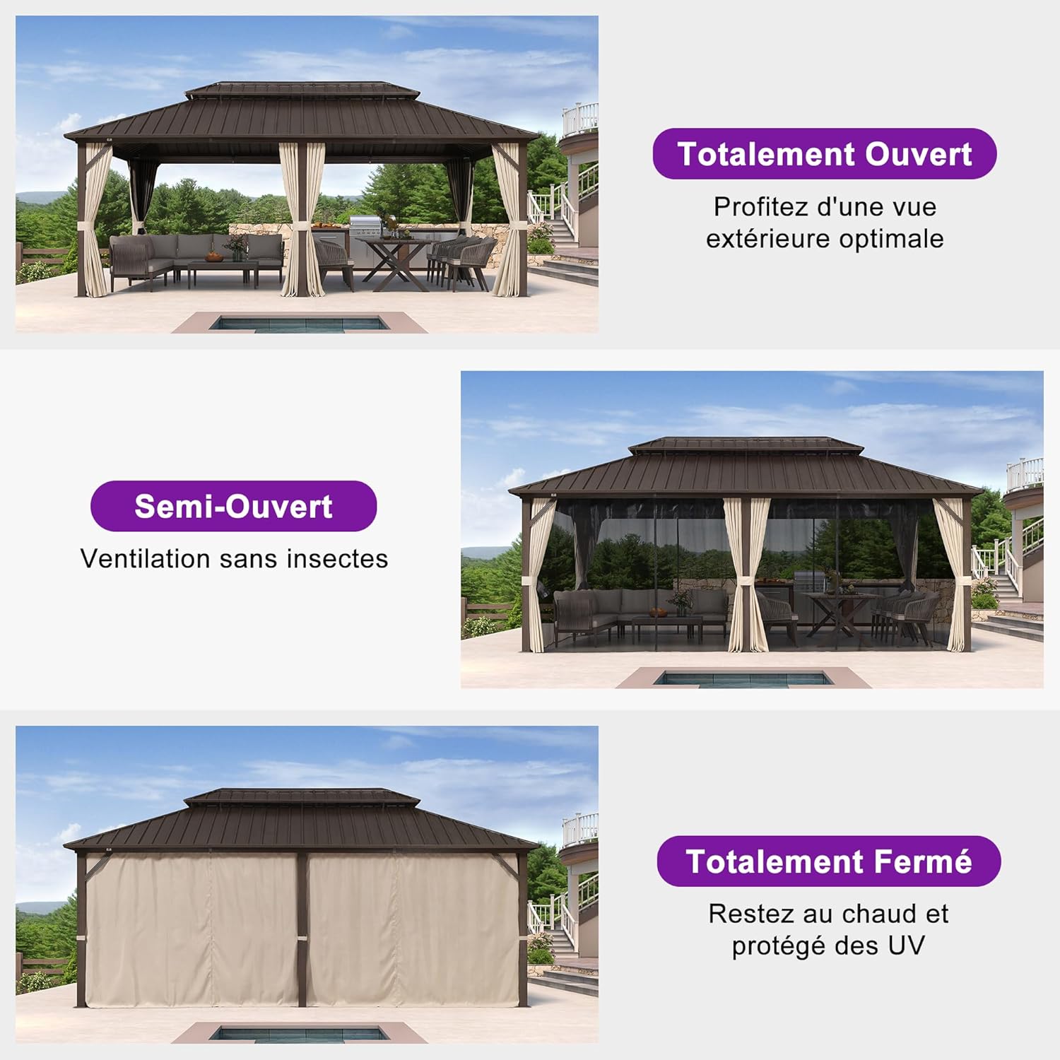 jardinito - pergola double toit rigide 6x3,65m, aluminium, guirlande, rideaux