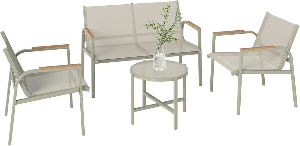 jardinito - Salon de jardin 4 pièces textilène - 2 places, 2 fauteuils, table verre, vert