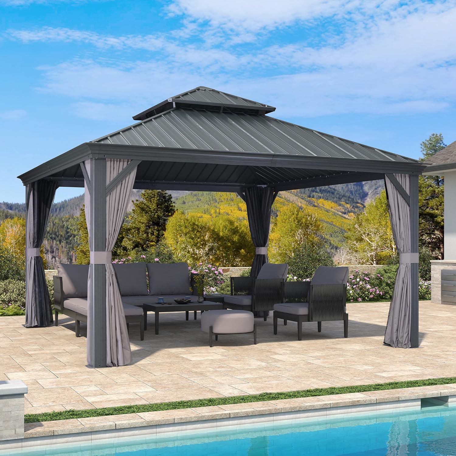 jardinito - tonnelle double toit acier 4x4m, rideaux, moustiquaire