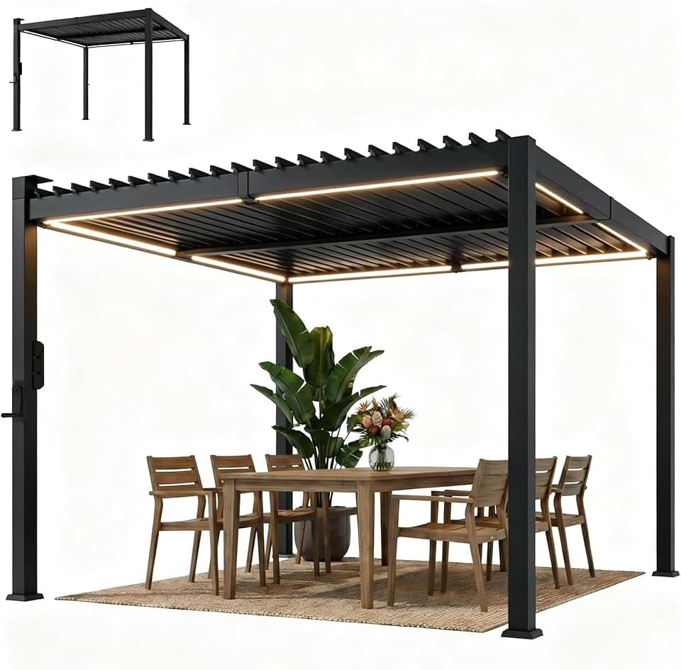 jardinito - Pergola bioclimatique 3x3m - LED solaires, lames orientables, toit métal, gouttières
